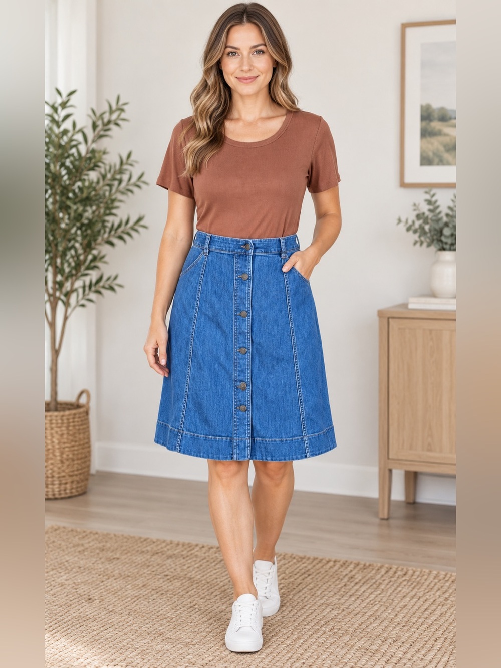 Chaps Denim Button Front Skirt Size 8 & Time and Tru Brown Top L Set